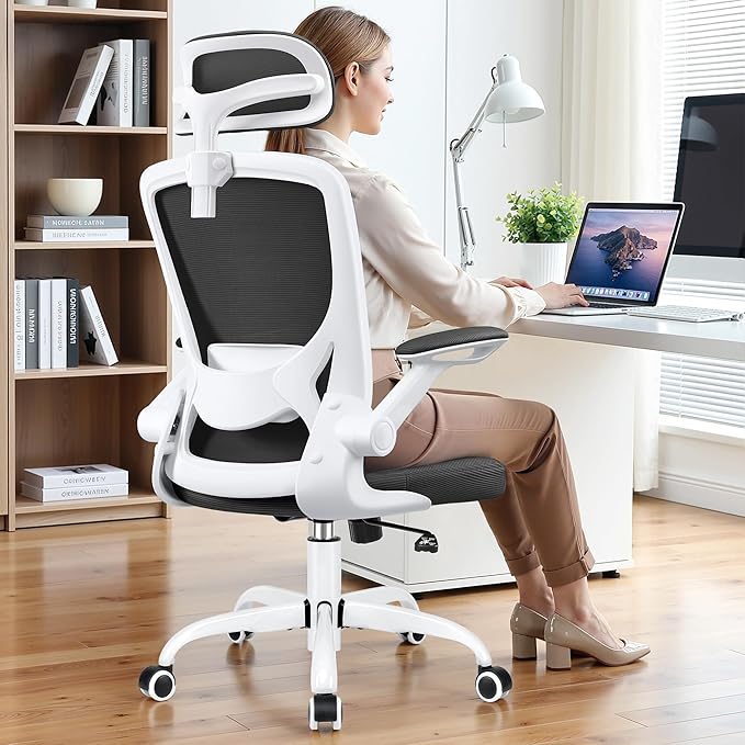 BESTFAIR Office Chair Ergonomic Desk Chair, Breathable Mesh Office Chairs with Adjustable Lumbar Support, Flip-Up Arms, Computer Desk Chair Comfy for Home Office, White