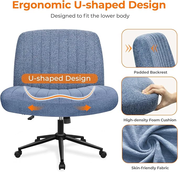 NEO CHAIR Criss Cross Chair with Wheels Armless Cross Legged Office Desk Wide Comfy Vanity Makeup Chair Adjustable Swivel Rolling Computer for Home Office Fabric (Blue)