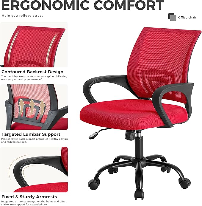 OLIXIS Office Desk Chair - Ergonomic Mid Back with Lumbar Support & Rocking Mode, Height Adjustable with Fixed Armrest, for Home, Computer, Gaming, Conference, Meeting Room, 360° Swivel, Red, 2 Pack