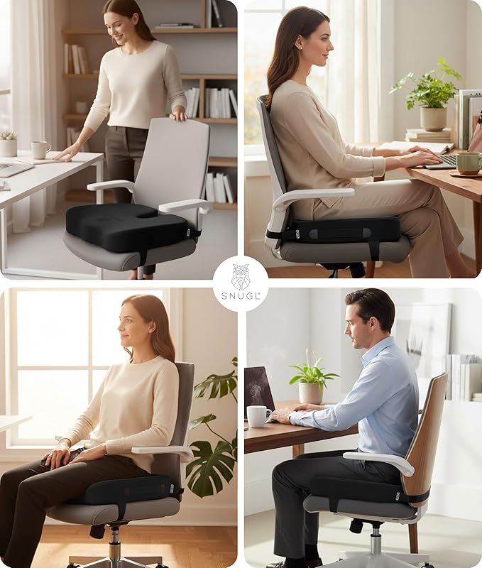 SNUGL Seat Cushion for Tailbone & Back Pain Relief – Orthopedic Memory Foam Coccyx Pillow for Office, Desk & Gaming Chairs – Sciatica & Lower Back Pain Relief, Long Sitting Comfort (Regular Black)