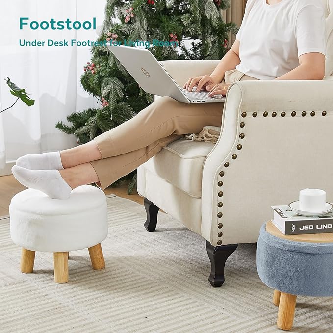 Small Foot Stool Ottoman with Storage, Soft Faux Fur Ottoman Foot Rest for Couch, Round Footstool with Storage, Small Ottomans and Footstools for Living Room and Entryway (Light Blue)