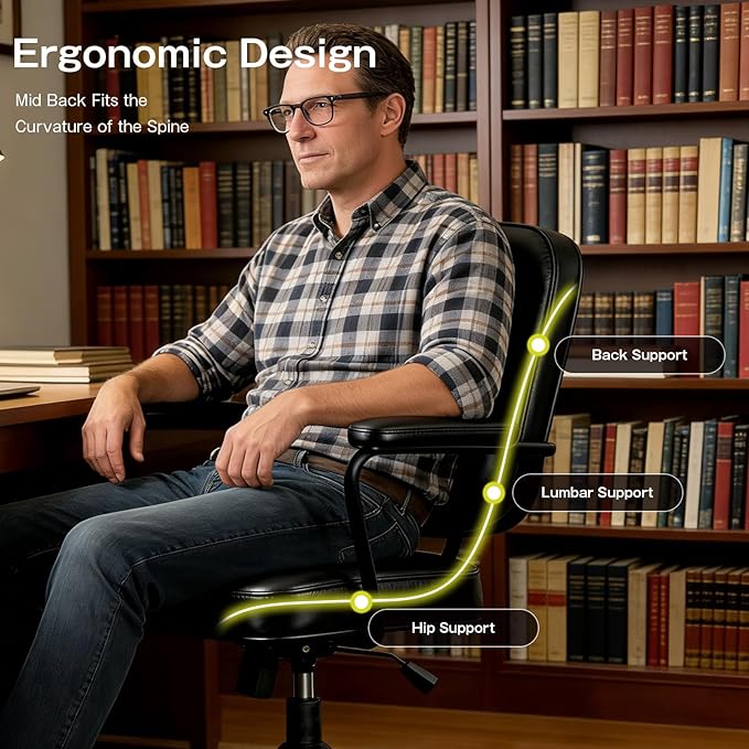 Home Office Chair, Ergonomic Desk Chair with Lumbar Support, Adjustable Height Rolling Swivel Task Chair with Armrests, PU Leather, for Meeting,Study Room Black