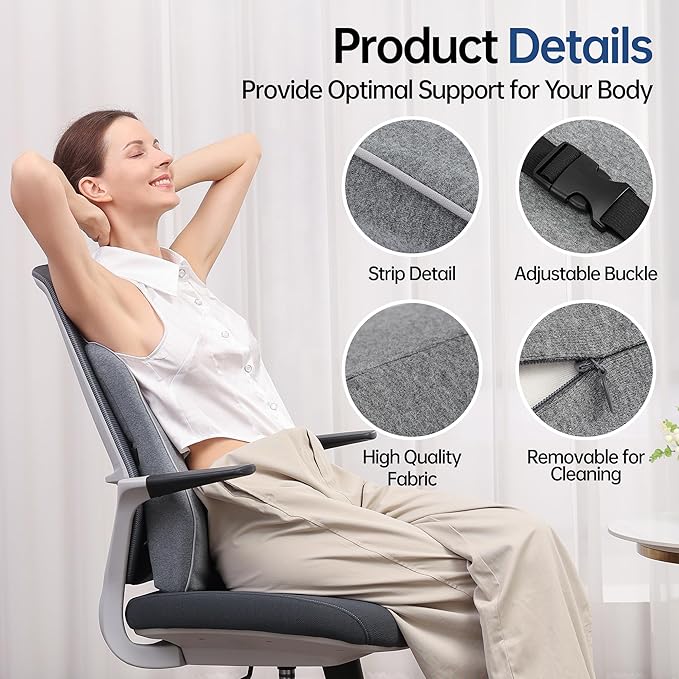 Lumbar Support Pillow for Office Chair Car Seat Gaming Chair, Memory Foam Back Support Pillow, Lumbar Cushion Back Cushion for Lower Back Pain Relief, Adjustable Strap Washable Cover-Grey