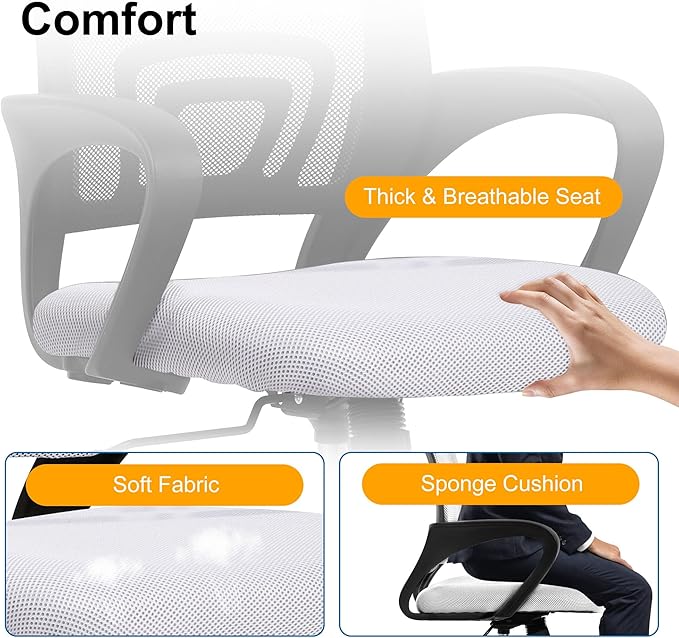 Computer Desk Chair,Work Chairs for Home Office,Ergonomic Office Chair with Lumbar Support,Mesh Office Chair with Arm and Wide Comfortable Seat,Adjustable Rolling Office Chair,White