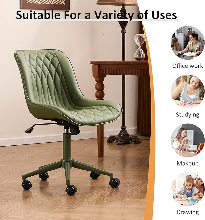 YOUNIKE Olive Green Faux Leather Ergonomic Office Chair Armless Comfy Desk Chair with Rocking Back Cute Swivel Vanity Chair with Wheels Height Adjustable Small Computer Task Chair for Sewing Drafting