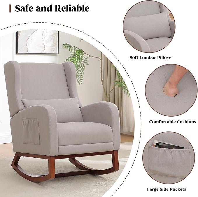 HCHAIRH Rocking Chair Nursery, Nursery Rocking Chairs with Foot Rest, Comfy Glider Rocker Nursing Chair with Back Pillow for Nursing, Living Room, Bedroom, Light Grey