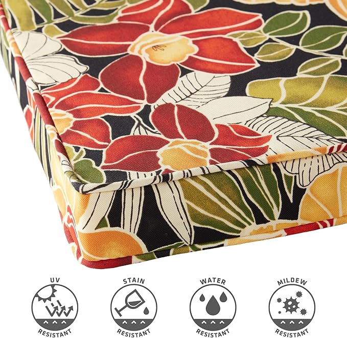Outdoor 18 inch Square Patio Dining Chair Pads – Comfortable Fiber-Filled Seat Cushions with Ties, Reversible Polyester Fabric - Aloha Black Floral, Set of 2