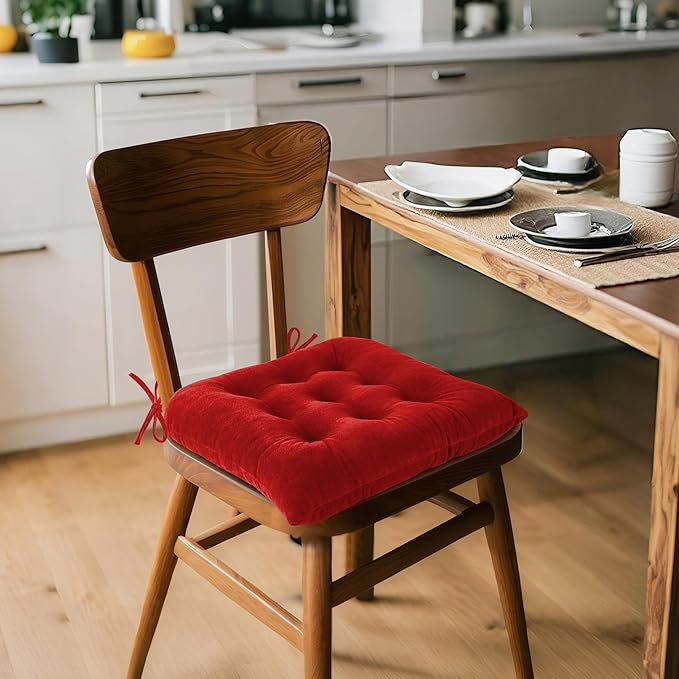 ELFJOY 4 Pack Chair Cushions for Dining Chairs Chair Pads Cushion for Kitchen Office Tufted Square Seat Cushion with Ties (U Shape Red)