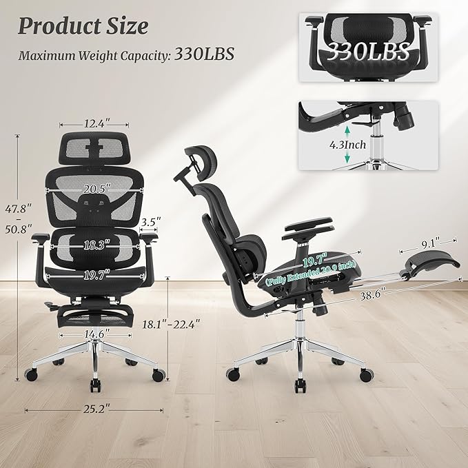Cozyman Ergonomic Office Chair with Footrest - 5-Level Adjustable Lumbar Support & 90-135°Recline, 3D Headrest & 4D Armrests, Breathable Mesh Seat Computer Chair for Home Office, Gaming, Black
