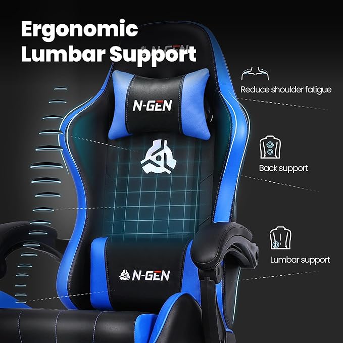 N-GEN GAMING Video Gaming Chair with Footrest Lumbar Support for Home Office High Back Recliner Height Adjustable Ergonomic Comfy Leather Computer Desk Chair (Blue)