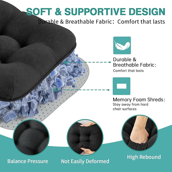BETU Black Chair Cushions for Dining Chairs Set of 6,3.5" Thick Kitchen Table Chair Pads with Ties,Non Slip Backing and Covers,Seat Cushion for Dining Room,Bar,Patio Chairs,15.5"X15.5"X3.5",Black