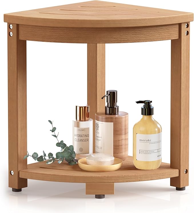 Waterproof Corner Shower Stool for Inside Shower, Poly Lumber Shower Bench Seat Chair, Bath Shower Stool for Shaving Legs Foot Rest with Storage Shelf, Adjustable & Non-Slip Feet, Teak Brown