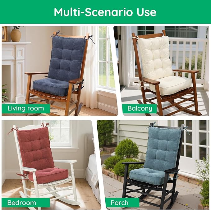 Rocking Chair Cushion - Non-Slip Thick Rocking Chair Pad Indoor with Ties High-Back Rocker Cushion Set for Porches Balconies Nurseries & Living Rooms