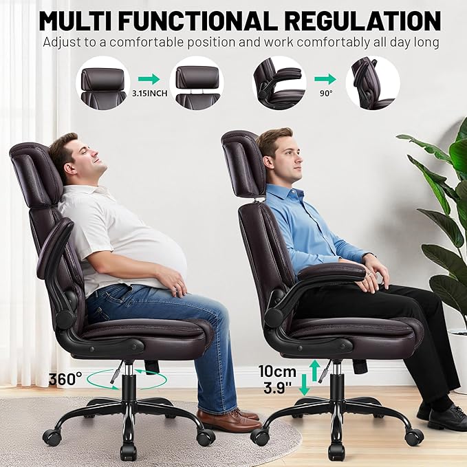 BestGlory Ergonomic Office Chair, PU Leather High Back Desk Chair with Adjustable Headrest and Padded Flip-Up Arms, Lumbar Support Computer Chair for Home Office Gaming, Coffee