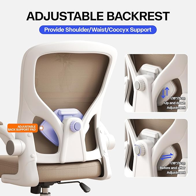 Office Chair, Ergonomic Desk Chair with Adjustable Lumbar Support Flip-up Arms,Comfortable Swivel Mesh Back Computer Chair Executive Task Chair for Home Office Use (Khaki)