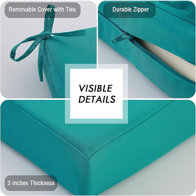 idee-home Outdoor Chair Cushions Set of 2, Waterproof Outdoor Seat Cushions for Patio Furniture, Outside Replacement Chair Pad with Ties for Lawn Deck Porch, 19 x 19 Peacock Blue