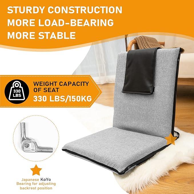 FASTMOMENT Floor Chair with Water Repellent Fabric 14-Position Adjustable Floor Chair with Back Support Portable Ground Seating for Adults Foldable Meditation Seat with Washable Cover (Light Grey)