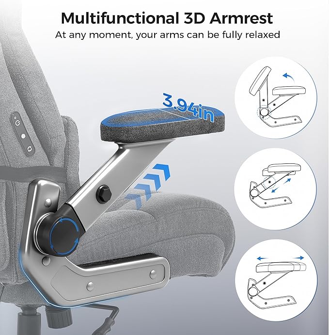 600LBS Big and Tall Massage Office Chair, Extra Wide Seat - 3D Kneading Massage & Heat Office Chair with Heavy Duty Metal Base, 3D Flip Arms, Fabric Ergonomic with Thick Spring Cushion
