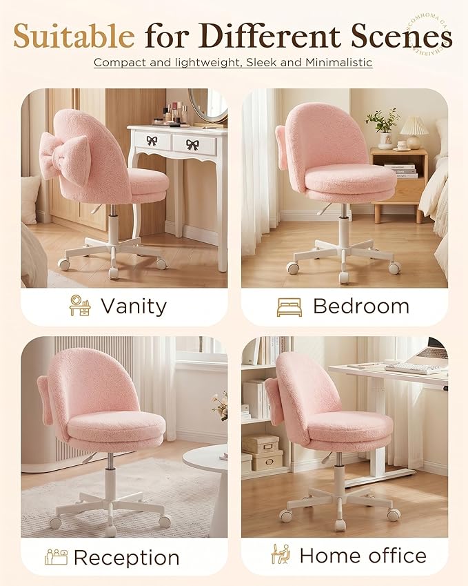 COMHOMA Vanity Chair with Wheels Velvet Tall Office Chair with Back,Armless Desk Chair Comfy Height Adjustable, Soft Lumbar Support for Girls Bedroom Home Vanity Bow Pillow for Gift Pink