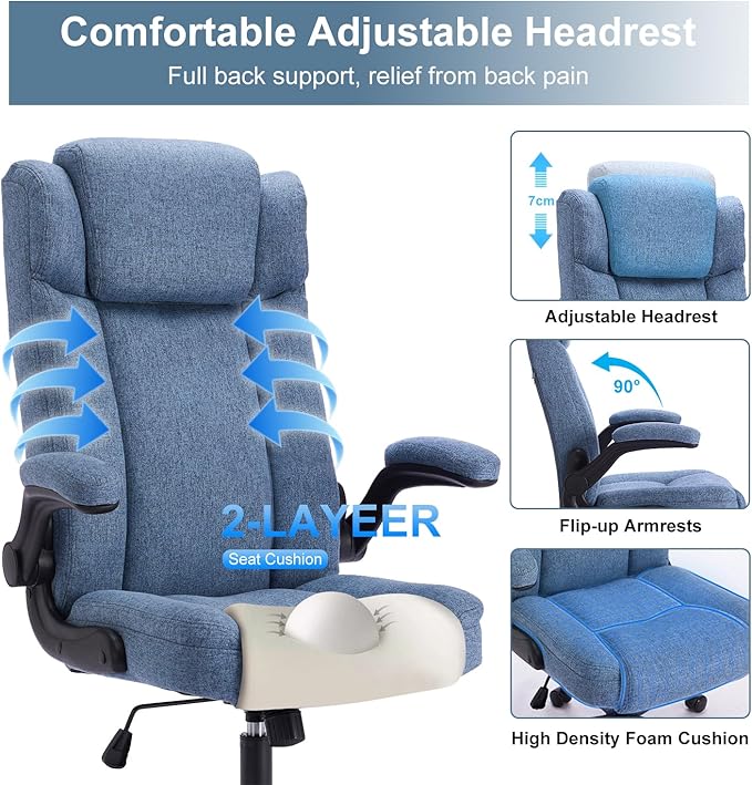High Back Fabric Office Chair, Ergonomic Computer Desk Chair with Adjustable Headrest & Flip-up Armrests, 120° Tilt Rock Function, 400 lbs Weight Capacity for Home Office & Lumbar Support