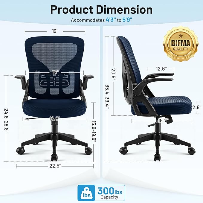 Office Chair Ergonomic Desk Chair with Adjustable Lumbar Support, High Back Breathable Mesh Chair with 120° Tilt Function & Flip-Up Armrests, Swivel Comfy Task Computer Chair for Work, Study