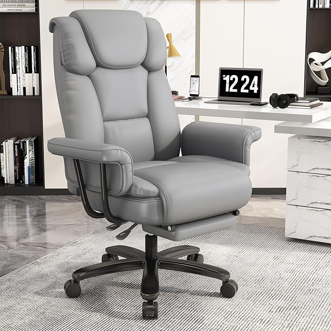 GYI 160 Reclining Office Chair with Footrest, Big and Tall High Back Ergonomic Computer Desk Chair with Cross Legged Seat, Arms, Wheels, Leather, Grey, 400 LBS Capacity