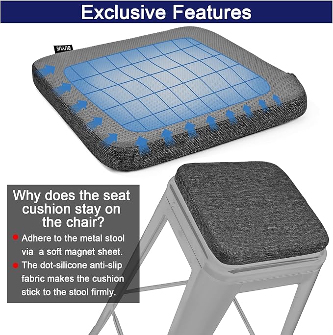 BUYUE Friendly Woven Fabric Magnetic Bar Stool Cushion 1 Piece, Enhanced Anti-Slip Breathable Small Chair Seat Pad for Café Bistro Stackable Metal Stool (Square, Dark Gray, 1)