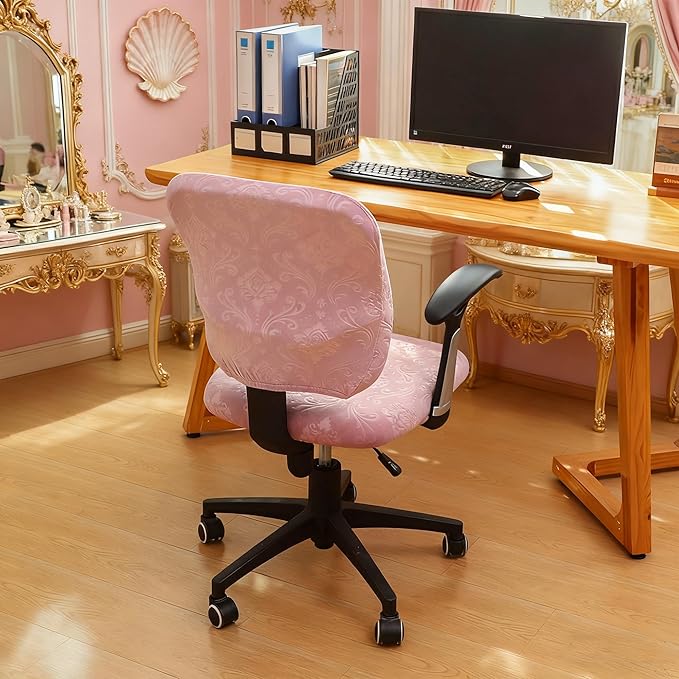 FORCHEER Split Office Chair Covers 2 Pieces Stretch Pink Velvet Separated Desk Chair Slipcover for Backrest and Seat Washable