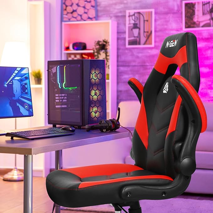 N-GEN Video Gaming Chair Ergonomic Computer Desk Office Chair with Lumbar Support Adjustable Height Swivel Wheels Flip-Up Arms PU Leather Home and Office (Classic Red)