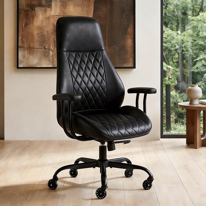 E-Motie Office Chair with Rubber Wheels, Ergonomic Computer Chair 500 lbs, Leather Desk Chair with Lumbar Support, Executive Chair Adjustable Height & Recline, Black
