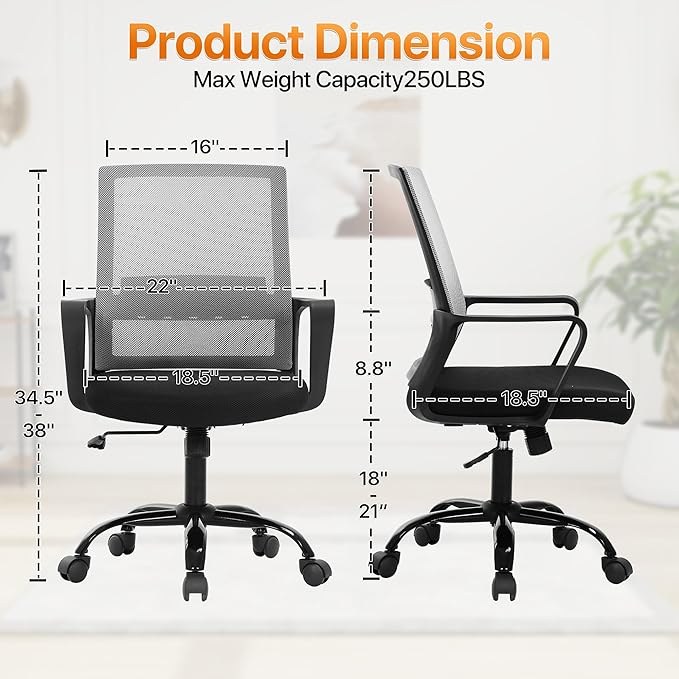 Ergonomic Office Chair, Comfortable Home Desk Chair, Breathable Mesh Back Computer Chair and Lumbar Support, Adjustable Height, Sponge Seat, Grey