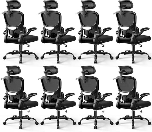 ALLGOD Ergonomic Office Chair, Mesh Desk Chair with Lumbar Support, High Back Home Office Chair with Adjustable Headrest and Flip-Up Arms, Comfortable Computer Chair, Thick Cushion,Black-8 Pack