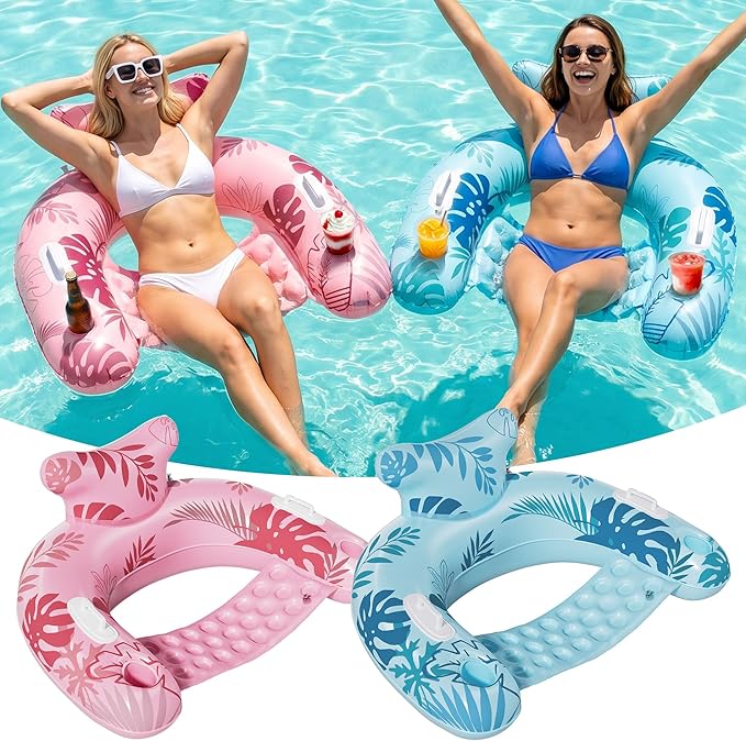 HLDIRECT Inflatable Pool Floats Adult, Floating Pool Chair with Cup Holders for Swimming Pool, Water Chair Pool Lounger with Handles & Ergonomic Headrest for Party Summer Water Fun