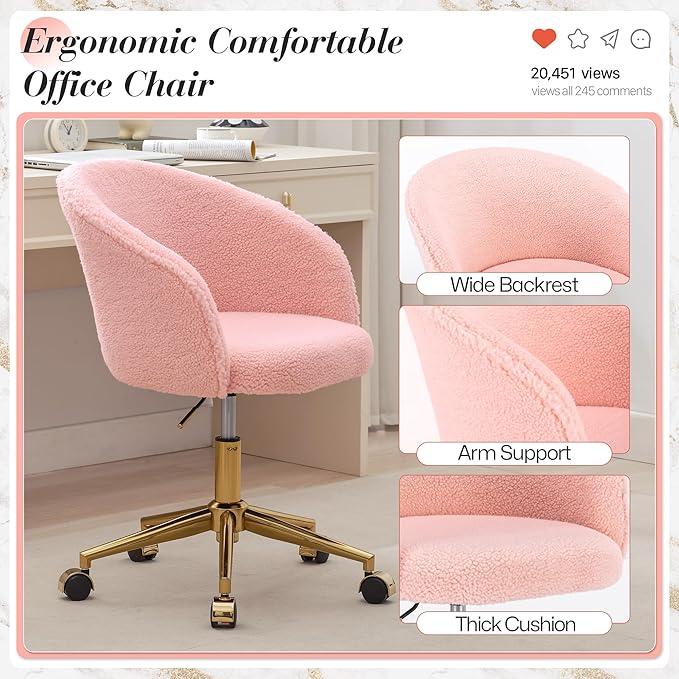 KCC Faux Fur Office Desk Chair, Comfy Fluffy Swivel Modern Leisure Armchair with Wheels, Upholstered Comfy Fuzzy Vanity Makeup Chair Height Adjustable for Teens Women Girls Elegant Home Office(Pink)