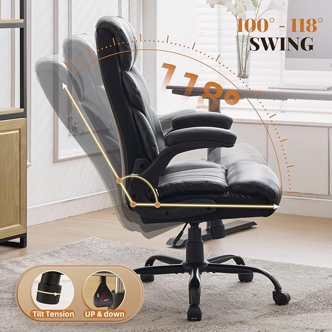 Garvee Comfortable Office Desk Chair 500 LBS, Big and Tall Office Chairs with Adjustable Flip-up Armrests,100-118°Recline Executive Leather Gaming Chair for Heavy People, Long Hours,Black