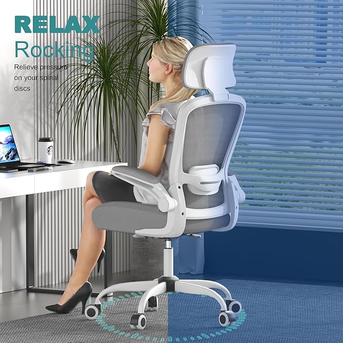 Mimoglad Office Chair, High Back Ergonomic Desk Chair with Adjustable Lumbar Support and Headrest, with flip-up Armrests for Guitar Playing, 5 Years Warranty (Moon Grey)