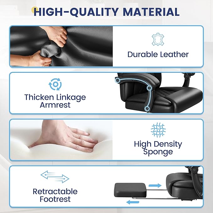Shahoo Big and Tall Office Chair Height Adjustable Faux Leather Chair with Footrest and Lumbar Support, Ergonomic High Back Computer Chair with 360° Swivel Wheels Task Chairs for Office Home, Black