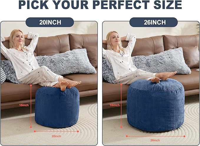 WSOFRLAC Pouf Ottoman Foot Stools with Foam Small Ottoman for Living Room Corduroy Ottomans Pouf 26x18 Floor Poufs Foot Rest for Chair Navy Blue Hassocks and Ottomans