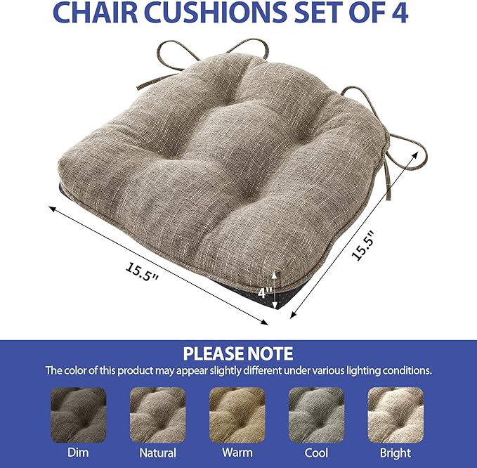 IPYNBAP Chair Cushions for Dining Chairs Set of 4, Kitchen Chair Cushions, Chair Pads with Ties and Non Slip Backing, Tufted Memory Foam Seat Cushion 4 Pack, 15.5" x 15.5" x 4", Khaki