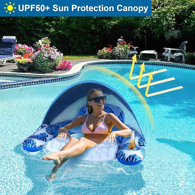 COOLCOOLDEE Pool Float with Canopy, Cup Holder - XL Pool Chair Lounge Float with Adjustable Sun Shade Cover, Drink Holder, Ergonomic Headrest,Inflatable Pool Float for Adults