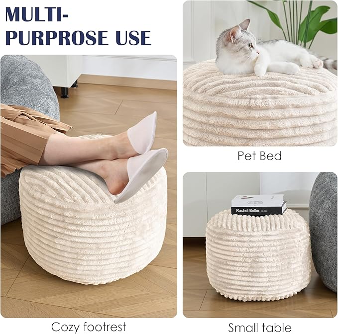 SHOUREN Stuffed Round Ottoman,Corduroy Pouf Ottoman Foot Rest with Foam Filling,Pouf Storage Ottoman Footstool for Living Room,18 X 14 Floor Poufs for Couch - 18 X 14 Inches,Beige