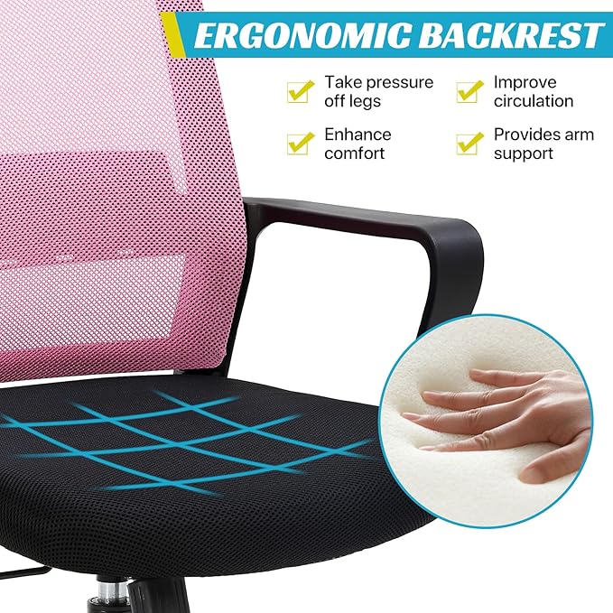 Ergonomic Office Chair, Breathable Mesh Desk Chair, Swivel Computer Chair with Wheels & Adjustable Height & Comfort Seat for Home Office, Gaming Room, Pink