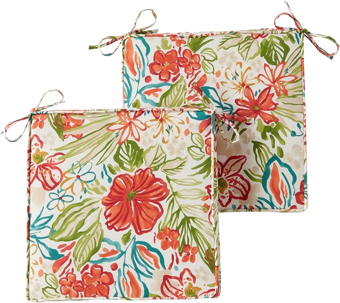 Outdoor 18 inch Square Patio Dining Chair Pads – Comfortable Fiber-Filled Seat Cushions with Ties, Reversible Polyester Fabric - Breeze Floral, Set of 2