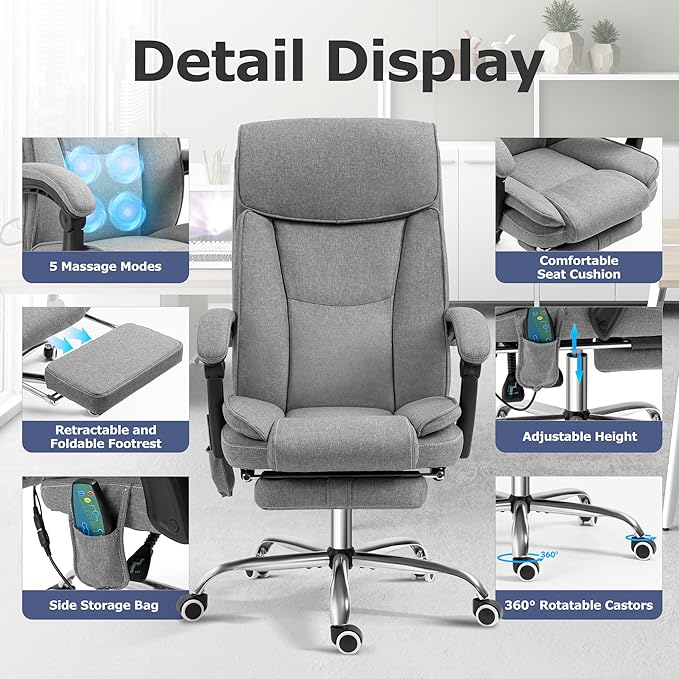 TonghuaS Massage Office Chair with Foot Rest Vibration and Heating, 90-130° Reclining Desk Chair, Ergonomic Reclining Computer Gaming Fabric Chair(Grey)
