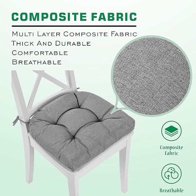 SQUARE MOON Chair Cushions for Dining Chairs, 3 Inch Thick Comfortable Kitchen Chair Pads, Dining Room Seat Cushions with Ties, Machine Washable, 17" x 16" x 3", 4/Pack, Light Grey