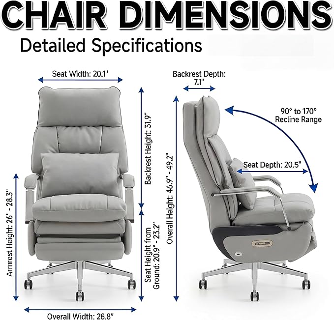 Dual Motor Executive Reclining Office Chair with Footrest – One-Click Electric Recline, Massage Lumbar Support & Pillow, Big and Tall PU Leather Ergonomic Desk Chair for Home Office(Gray)