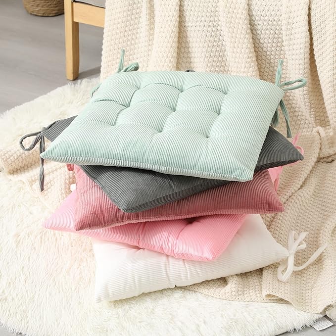 HLOVME Corduroy Chair Cushion with Ties Ultra Soft Warm Floor Cushion for Kids Reading Nook Comfortable Square Seat Cushion for Adult 15.7”x15.7”, Pink