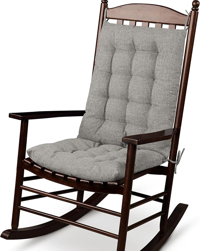 ELFJOY Rocking Chair Cushion Large Rocking Chair Pads with Ties Premium Linen High Back and Seat Cushion 2 Piece Set Linen Grey