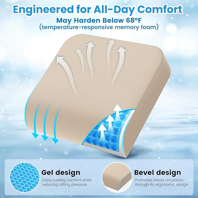Wheelchair Seat Cushion for Pressure Relief, Cooling Gel Memory Foam Chair Cushion with Slope-Edge Design, Coccyx Support for Tailbone Pain, Non-Slip, for Wheelchairs, Office Chairs & Car Seats, Khaki