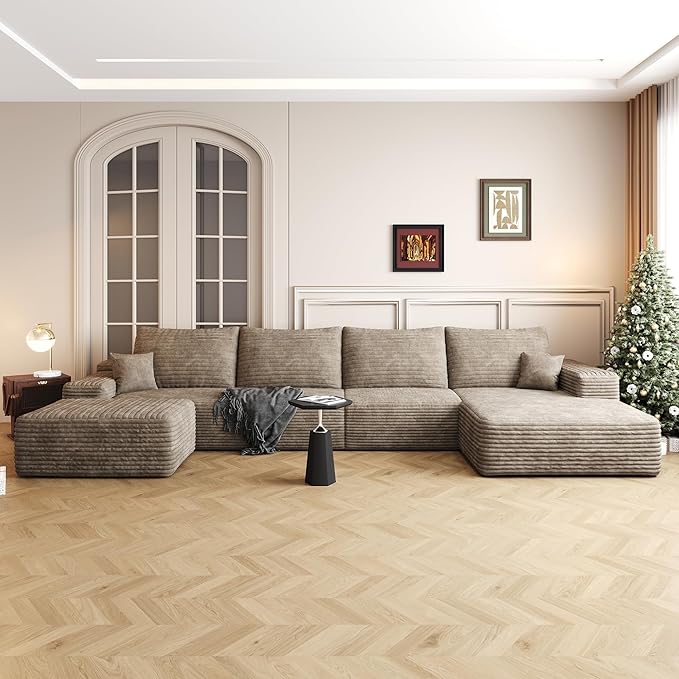 135" U Shaped Boneless Couch with Ottoman, Convertible Sleeper Compression Sofa, Corduroy Couch Sectional for Living Room Bedroom, Deep Seat Foam Cloud Sofas No Assembly, Right Facing Chaise, Camel